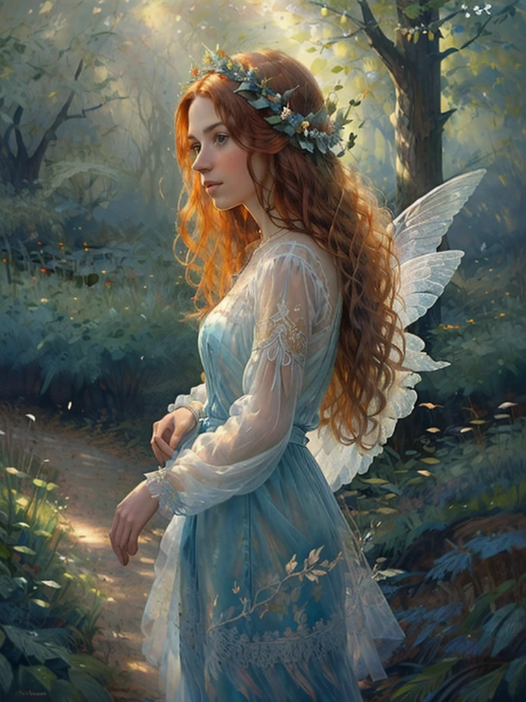 oil painting, masterpiece, best quality, full body portrait of a beautiful 25-year-old forest fairy with long red hair, (highest detailed face), flying among the oak trees, dressed in a light blue transparent dress, intricate hair style, field flowers in her hair, transparent wings behind her, oak leaves and acorns in the foreground, light passing through wings and her hair, ((best quality, masterpiece:1.2), ultra-detailed, portrait, Meticulous details, very intricate details, the art of Annie Steg, Brom, an image of an epic fantasy character, a portrait of a character, fantasy art, works by Richard Schmid, A.Mukha, Volegov, bookillustration, impressionism
