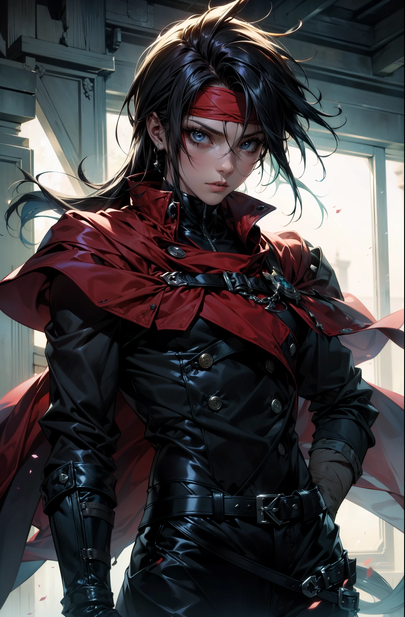 (absurdos, Altas Resoluciones, Ultra detallado, HDR), Obra maestra, La mejor calidad, final fantasy vii, vincent valentine, 1hombre solamente, guapo, pelo largo, cabello ?????, Ojos rojos vibrantes, ojos finos y cara detalladas, Armadura, ((Arma intrincada)), Sentado en el trono, piernas abiertas, sonrisa afectada, molesto. Final Fantasy, abs, badass pose, Chico de anime en una cama con las manos en la cabeza, Hermosa pose de anime, Anime hombre guapo, Personaje masculino de anime, Badass Anime 8K, Arte detallado del personaje de anime, Concepto de anime HDR Anime MacManus, Chico anime, Ikuto Yamashita, Anime CG arte suave, Fondo de pantalla de manga 4 k, inspirado por Yamagata Hiro, Wallaper de anime