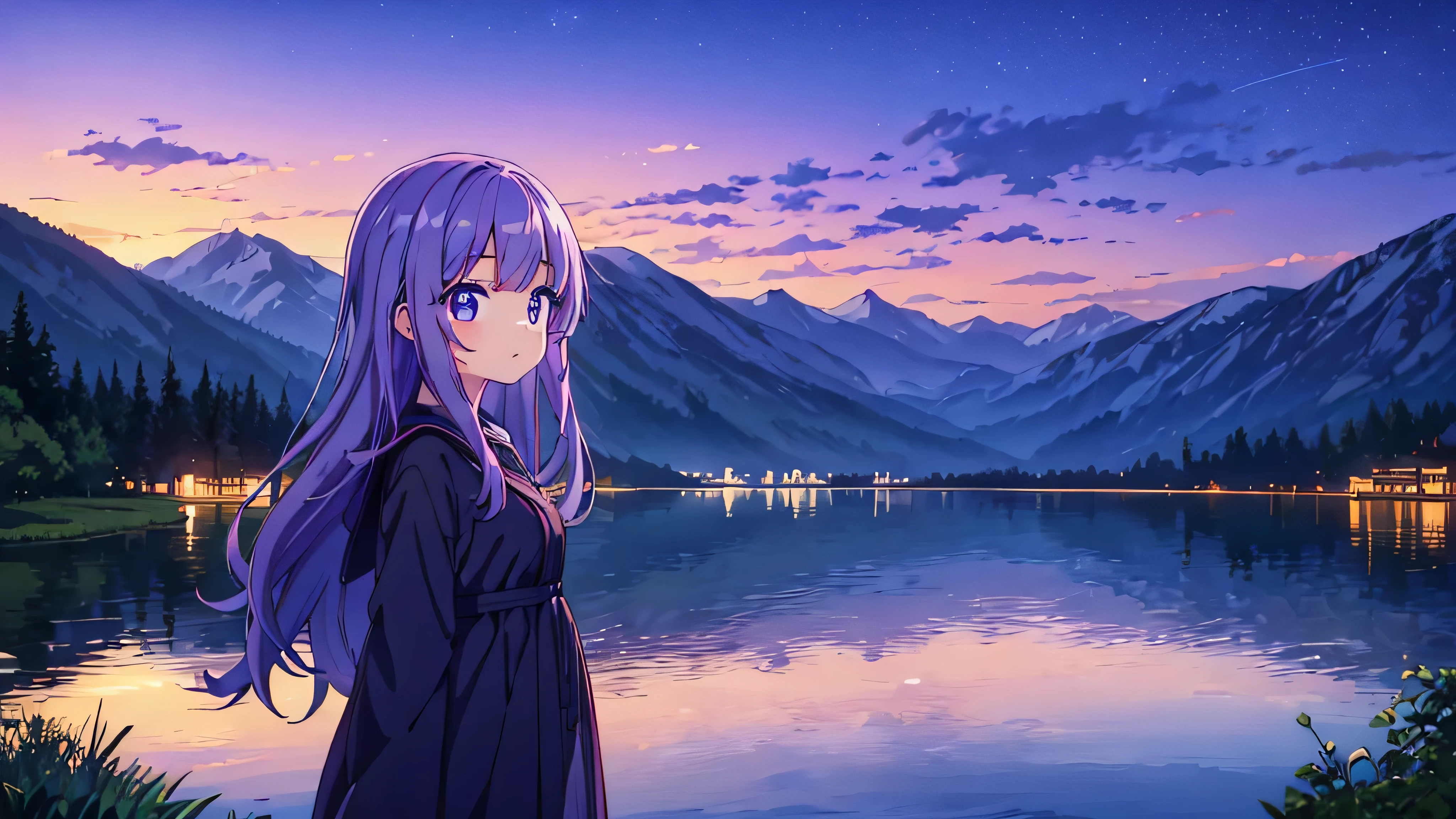 night, Mountain range in the background, the lake in front of the mountains, An ancient city glows on the other side of the lake, with a cute anime girl in the foreground, purple long hair, girl looks at this city by the lake
