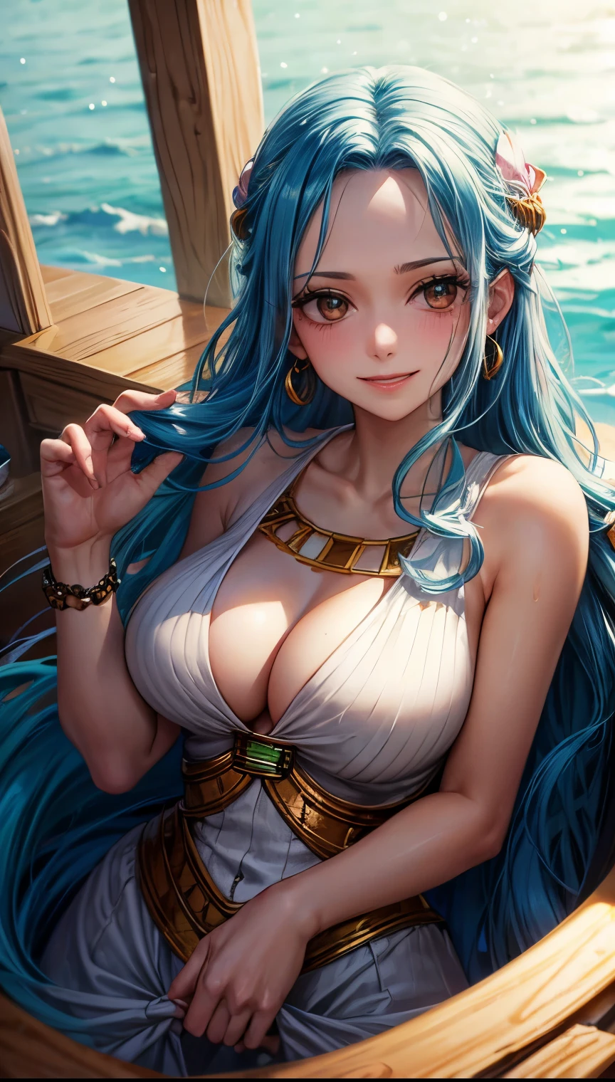 ((top-quality, 8K, masterpiece:1.3)), A detailed eye, (looking at from the front), Look at the camera, ((Everything is sparkling、reflecting light:1.2)), (Best Ratio: 4 fingers, 1 thumb),  ((Nedertari Vivi from One Piece))), long hair, blue hair, cute face,  blushing, smiling, standing, stunning body, 