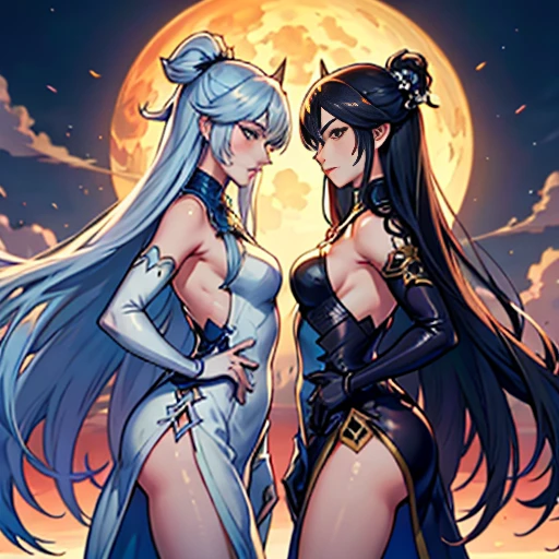 two women dressed in sensual, translucent clothes stand side by side in front of the full moon, Wlop e Sakimichan, wlop e artgerm, artgerm extremamente detalhado, ruan jia e artgerm, artgerm e wlop, Artgerm e Rossdraws, artgerm e ruan jia, por Yang J