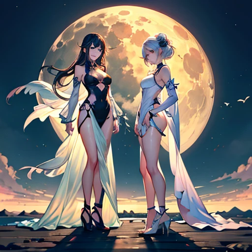 two women dressed in sensual, translucent clothes stand side by side in front of the full moon, Wlop e Sakimichan, wlop e artgerm, artgerm extremamente detalhado, ruan jia e artgerm, artgerm e wlop, Artgerm e Rossdraws, artgerm e ruan jia, por Yang J