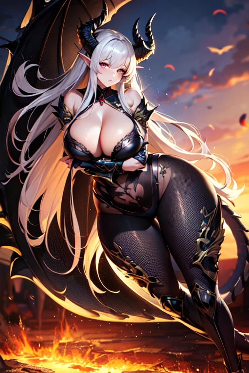 A woman with dragon horns is covered in dragon scale armor, dragon horn is extremely luxurious, dragon tail, beautiful dragon scale armor, armor openwork, complex armor, beautiful armor, fantasy armor, intricate details armor, long and elegant tail behind, stunning details, imperial armor, ethereal, goddess, Japanese goddess, full body photo close-up, (transparent ), chubby, huge breast body, fleshy body, plump body, perfect masterpiece, highest image quality, perfect picture quality, 8K, full body lens, ( Front portrait: 1.1), delicate face, glowing eyes, very fine style, perfect masterpiece, highest image quality, perfect picture quality, 8K,