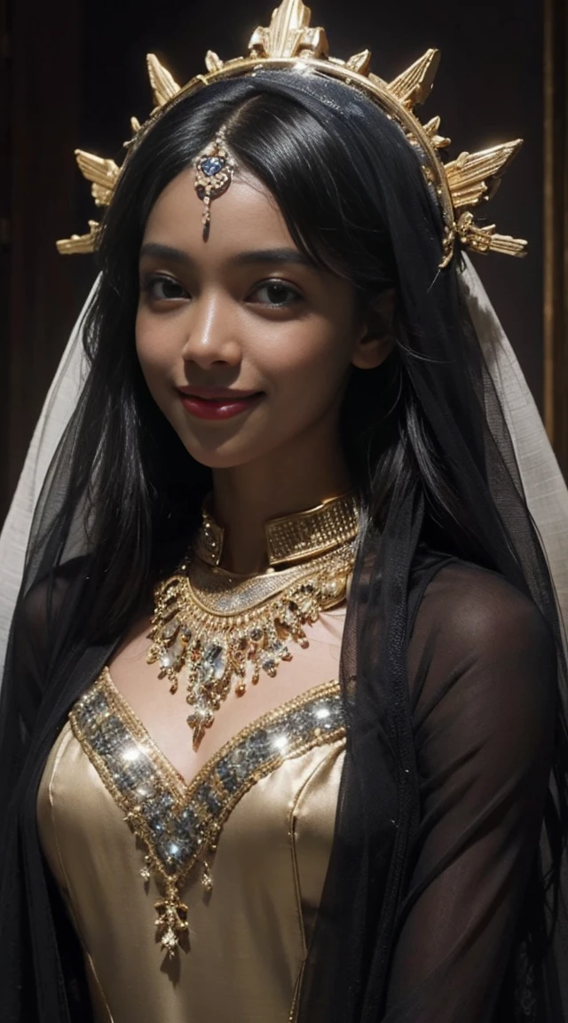 A woman made from the mantle of the universe, she skin is black as oil, has star-shining eyes, a halo of light on her head, and wears clothes that look like the veil of the universe. She has the smile most beautiful. Best quality of Masterpiece in 16k