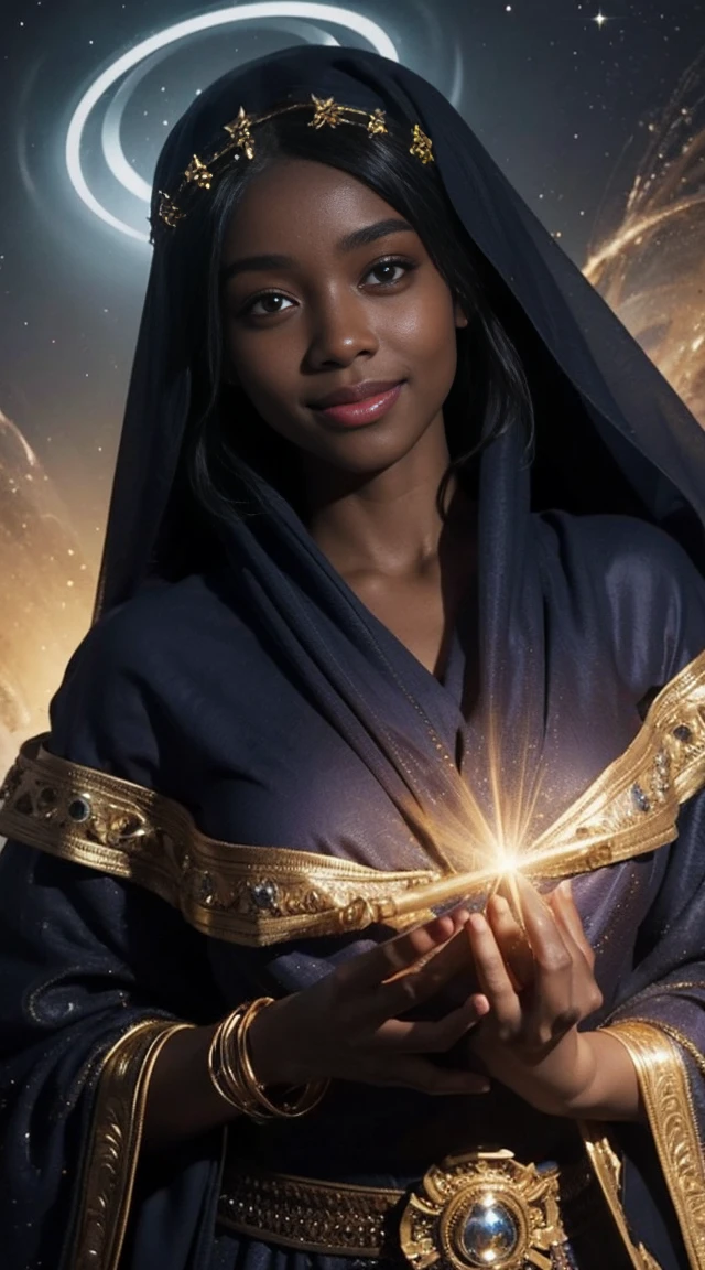 A woman made from the mantle of the universe, she skin is black as oil, has star-shining eyes, a halo of light on her head, and wears clothes that look like the veil of the universe. She has the smile most beautiful. Best quality of Masterpiece in 16k