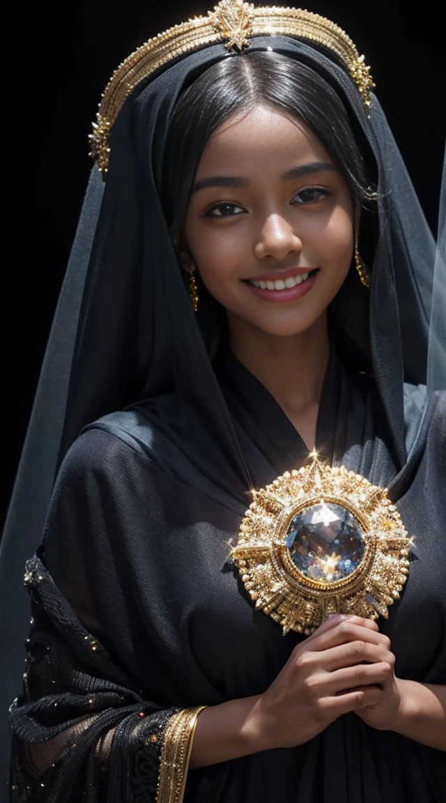 A woman made from the mantle of the universe, she skin is black as oil, has star-shining eyes, a halo of light on her head, and wears clothes that look like the veil of the universe. She has the smile most beautiful. Best quality of Masterpiece in 16k