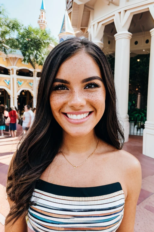 a beautiful bblonde woman, Smiling, freckles, straight dark hair, detailed face, wearing dress, ultrarealistic, in disney world, multiple views, pov, first-person view