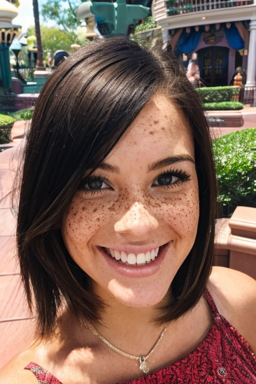 a beautiful bblonde woman, Smiling, freckles, straight dark hair, detailed face, wearing dress, ultrarealistic, in disney world, multiple views, pov, first-person view