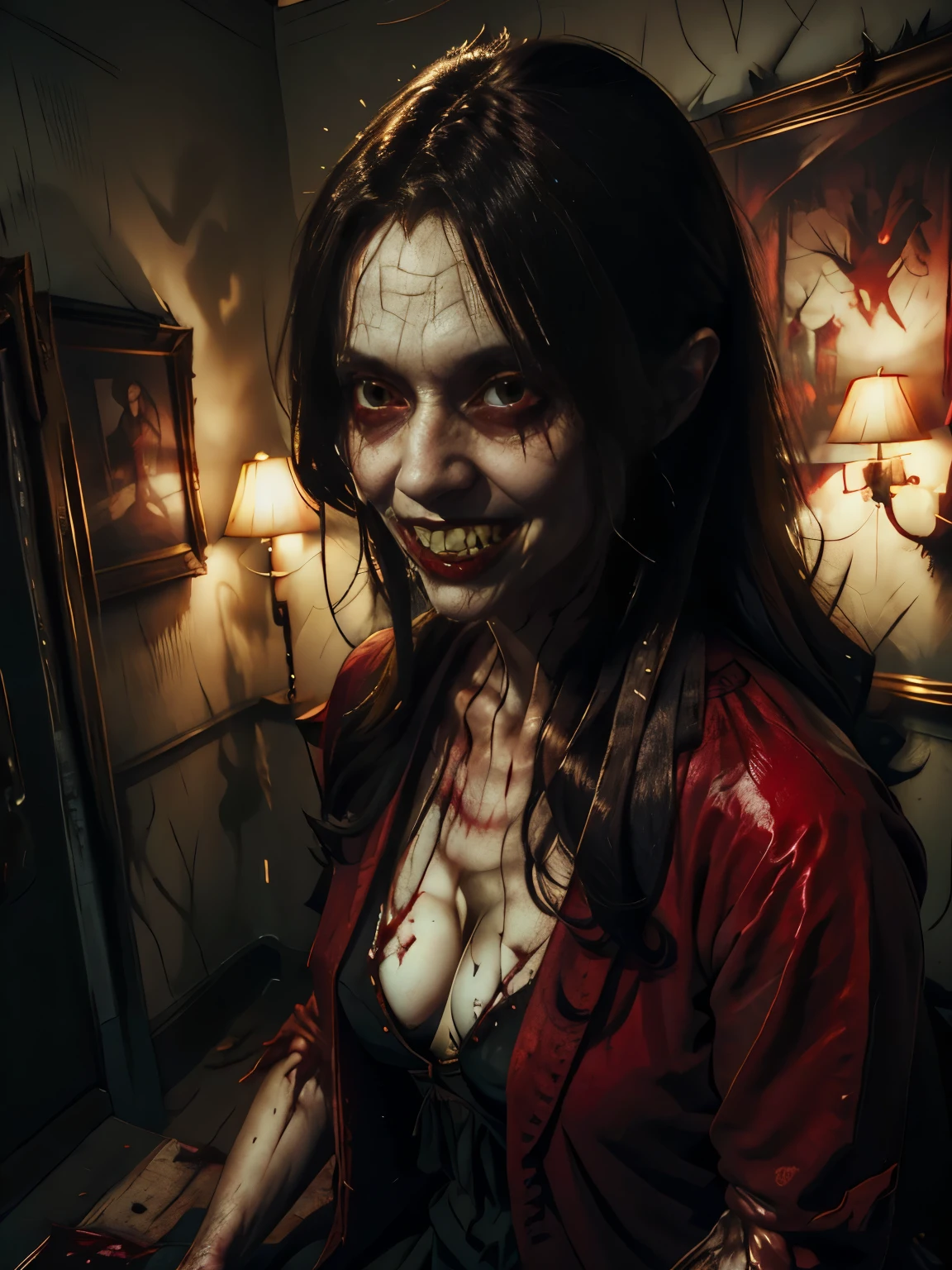 A haunting portrait of a young woman, nurse, with a face that reflects the horrors of the undead, zombie, empty eyes, bloodstains, ((vampire teeth)), dead eyes, evil eyes, showing of her sharp teeth, Focus on realism and intricate details to capture the unsettling nature of her appearance. Depict her lifeless eyes, decaying skin, and disheveled nurse uniform in vivid and precise detail, using shading and textures to bring the image to life. Long dark hair flowing 