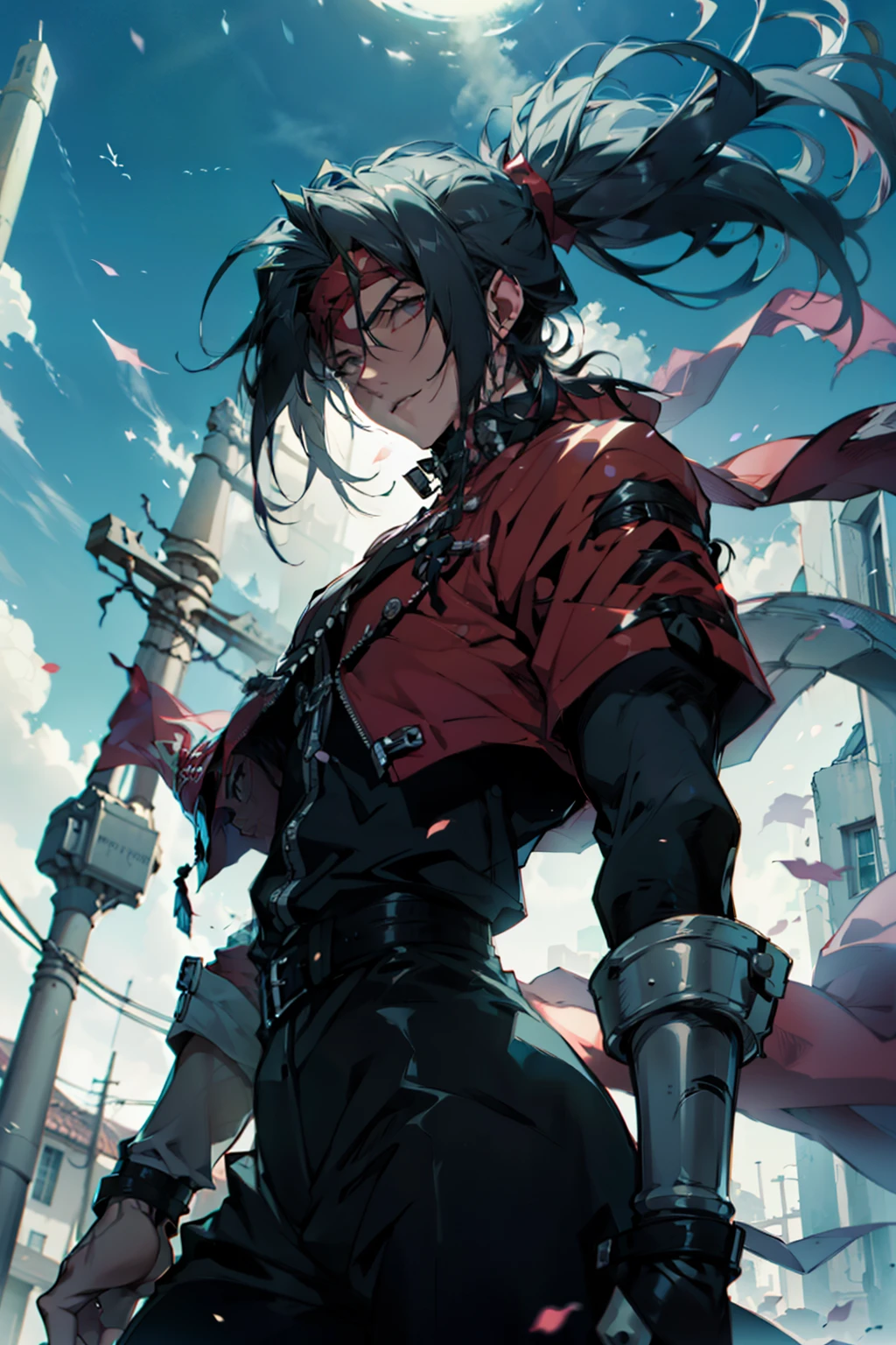 (absurdos, Altas Resoluciones, Ultra detallado, HDR), Obra maestra, La mejor calidad, final fantasy vii, vincent valentine, 1hombre solamente, guapo, pelo largo, cabello ?????, Ojos rojos vibrantes, ojos finos y cara detalladas, Armadura, ((Arma intrincada)), Sentado en el trono, piernas abiertas, sonrisa afectada, molesto. Final Fantasy, abs, badass pose, Chico de anime en una cama con las manos en la cabeza, Hermosa pose de anime, Anime hombre guapo, Personaje masculino de anime, Badass Anime 8K, Arte detallado del personaje de anime, Concepto de anime HDR Anime MacManus, Chico anime, Ikuto Yamashita, Anime CG arte suave, Fondo de pantalla de manga 4 k, inspirado por Yamagata Hiro, Wallaper de anime