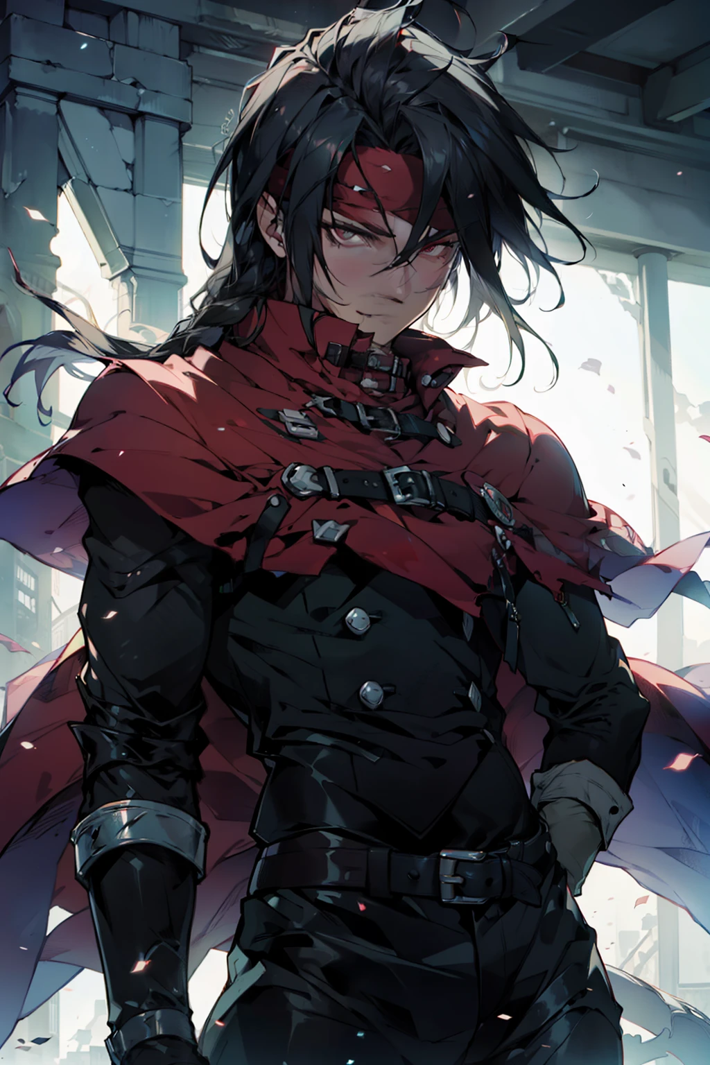 (absurdos, Altas Resoluciones, Ultra detallado, HDR), Obra maestra, La mejor calidad, final fantasy vii, vincent valentine, 1hombre solamente, guapo, pelo largo, cabello negro, Ojos rojos vibrantes, ojos finos y cara detalladas, Armadura, ((Arma intrincada)), Sentado en el trono, piernas abiertas, sonrisa afectada, molesto. Final Fantasy, abs, badass pose, Chico de anime en una cama con las manos en la cabeza, Hermosa pose de anime, Anime hombre guapo, Personaje masculino de anime, Badass Anime 8K, Arte detallado del personaje de anime, Concepto de anime HDR Anime MacManus, Chico anime, Ikuto Yamashita, Anime CG arte suave, Fondo de pantalla de manga 4 k, inspirado por Yamagata Hiro, Wallaper de anime