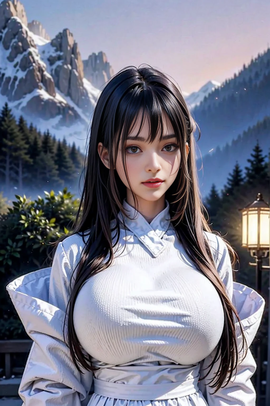 best quality, masterpiece, high resolution,, 1 girl, Detailed face, (Upper body:1.6), Cyber city, mountains and rivers, night, Firefly lamps, actual, Rich in details, (white hanfu:1.2), (beautiful body:1.4),