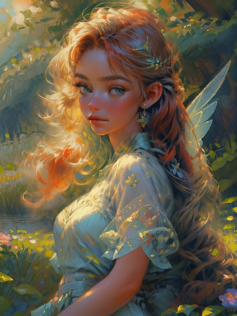 oil painting, masterpiece, best quality, full body portrait of a beautiful 25-year-old forest fairy with long red hair, (highest detailed face), flying among the oak trees, dressed in a light blue transparent dress, intricate hair style, field flowers in her hair, transparent wings behind her, oak leaves and acorns in the foreground, light passing through wings and her hair, ((best quality, masterpiece:1.2), ultra-detailed, portrait, Meticulous details, very intricate details, the art of Annie Steg, Brom, an image of an epic fantasy character, a portrait of a character, fantasy art, works by Richard Schmid, A.Mukha, Volegov, bookillustration, impressionism
