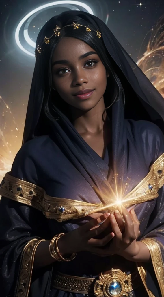A woman made from the mantle of the universe, she skin is black as oil, has star-shining eyes, a halo of light on her head, and wears clothes that look like the veil of the universe. She has the smile most beautiful. Best quality of Masterpiece in 16k