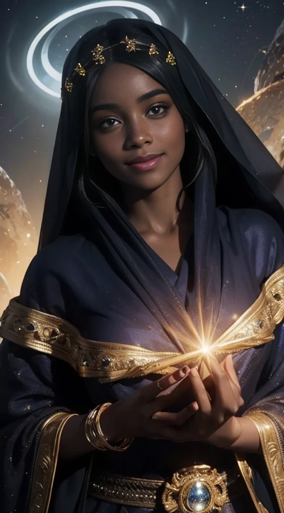 A woman made from the mantle of the universe, she skin is black as oil, has star-shining eyes, a halo of light on her head, and wears clothes that look like the veil of the universe. She has the smile most beautiful. Best quality of Masterpiece in 16k
