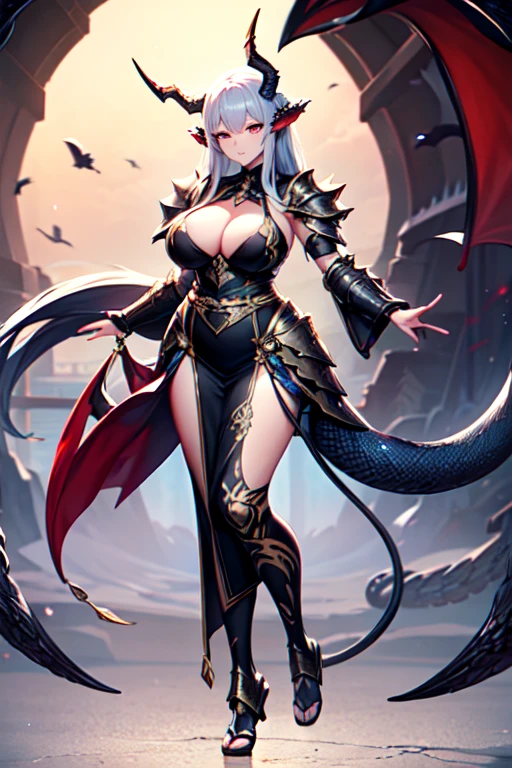 A woman with dragon horns is covered in dragon scale armor, dragon horn is extremely luxurious, dragon tail, beautiful dragon scale armor, armor openwork, complex armor, beautiful armor, fantasy armor, intricate details armor, long and elegant tail behind, stunning details, imperial armor, ethereal, goddess, Japanese goddess, full body photo close-up, (transparent areola), chubby, huge breasts, oily body, fleshy body, plump body, perfect masterpiece, highest image quality, perfect picture quality, 8K, full body lens, ( Front portrait: 1.1), delicate face, glowing eyes, very fine style, perfect masterpiece, highest image quality, perfect picture quality, 8K,