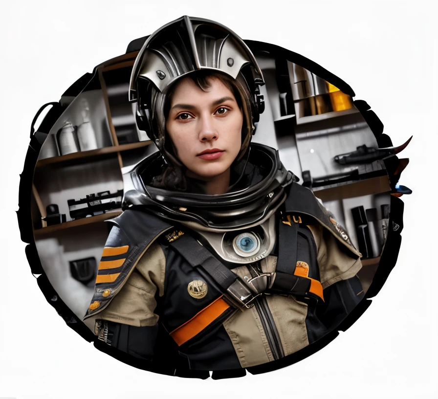 um close up de um personagem, Science fiction engineer, sombreamento pesado, Armadura Espacial, roupa que lembra um traje de mergulhador vitoriano, realista, perfect aesthetics, metal enferrujado, (de cor laranja). Para um eletricista espacial, take the gun out of your hand, (Orange space mechanic costume), rosto a mostra
