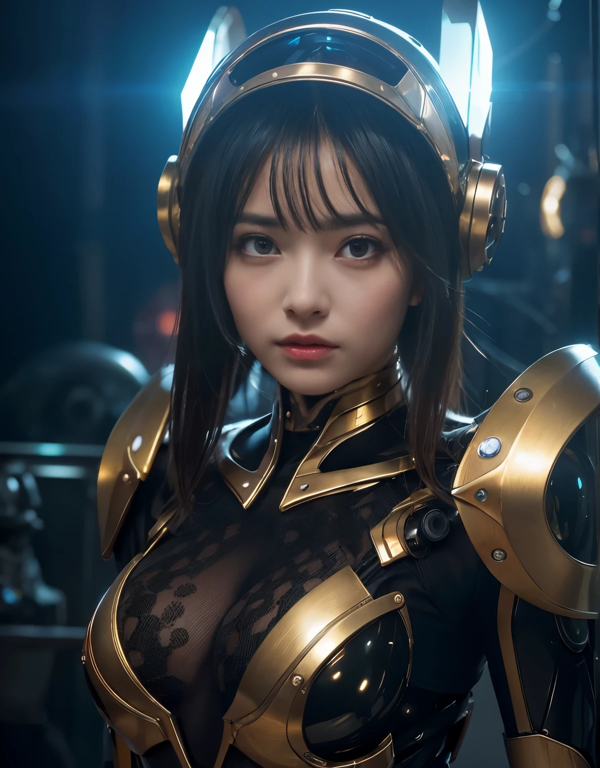 (Background of skimpy mechanical girl and octopus alien)、(Mystical expression)、highest quality、masterpiece、Super high resolution、(Photoreal:1.4)、RAW photo、1 girl、glowing skin、detailed face、(((1 Mechanical Girl)))、Heavy chest、(gold metal bodysuit)、(Natural alien background to fight aliens)、(Small LED)、((Super realistic details))、vertical giant monster background),global illumination、Shadow、octane rendering、24K、super sharp、robotの背景、big breasts、Raw skin exposed in the cleavage、intricate decorative details、Japan details、very intricate details、realistic light、(Mystical expression),CG Society Trenlow Eyes、Eyes shining towards the camera、Mechanical marginal blood vessels connected to neon detail tubes)、(Wires and cables connecting to the head)、Small LED、,mechanical thighs、two stock、(Hands are also made of machines)、robot、future alien、Please wear a mechanical helmet、transparent face guard on helmet、