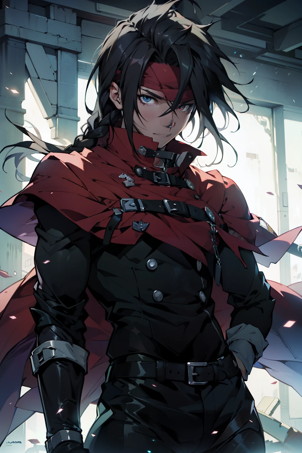 (absurdos, Altas Resoluciones, Ultra detallado, HDR), Obra maestra, La mejor calidad, final fantasy vii, vincent valentine, 1hombre solamente, guapo, pelo largo, cabello negro, Ojos rojos vibrantes, ojos finos y cara detalladas, Armadura, ((Arma intrincada)), Sentado en el trono, piernas abiertas, sonrisa afectada, molesto. Final Fantasy, abs, badass pose, Chico de anime en una cama con las manos en la cabeza, Hermosa pose de anime, Anime hombre guapo, Personaje masculino de anime, Badass Anime 8K, Arte detallado del personaje de anime, Concepto de anime HDR Anime MacManus, Chico anime, Ikuto Yamashita, Anime CG arte suave, Fondo de pantalla de manga 4 k, inspirado por Yamagata Hiro, Wallaper de anime