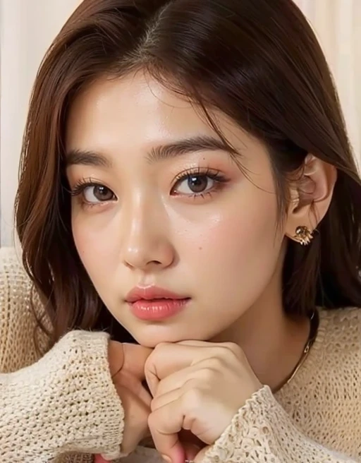 uma mulher com cabelos longos e uma camisola a posar para uma fotografia, Jinyoung Shin, linda atriz coreana, young lovely korean face, maquiagem coreana popular, jaeyeon nam, maquiagem sul-coreana popular, Lee Ji-eun, Lee Ji-eun, lindos olhos redondos e inclinados, atriz feminina da Coreia, com cara fofa - linda, adorable and pale korean face, Hwang se-é