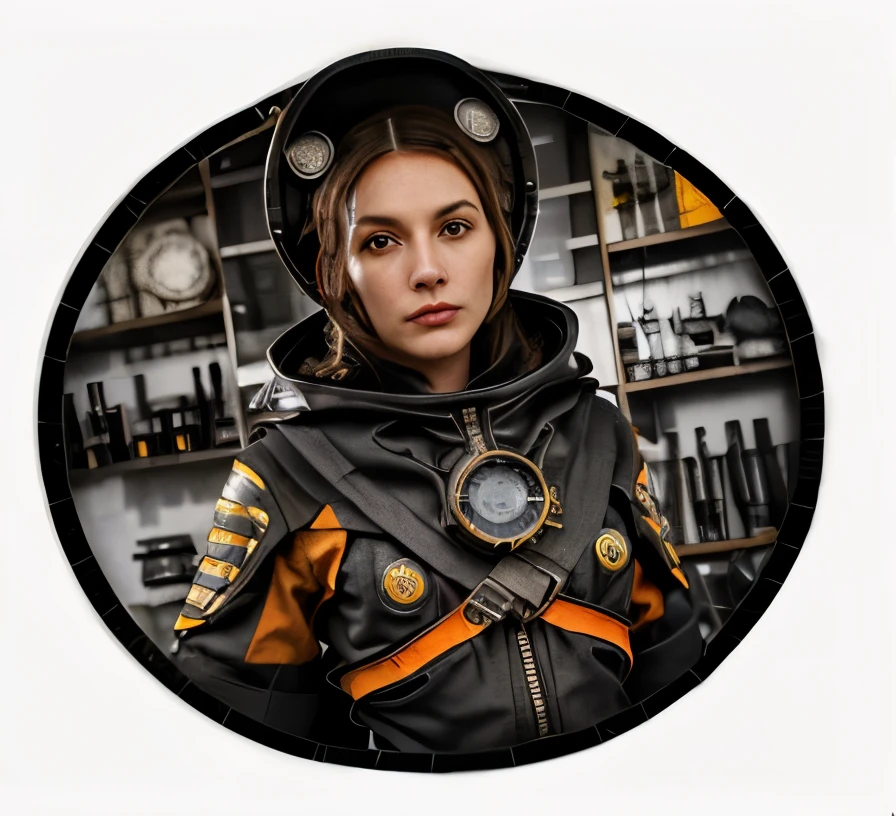 um close up de um personagem, Science fiction engineer, sombreamento pesado, Armadura Espacial, roupa que lembra um traje de mergulhador vitoriano, realista, perfect aesthetics, metal enferrujado, (de cor laranja). Para um eletricista espacial, take the gun out of your hand, (Orange space mechanic costume), rosto a mostra