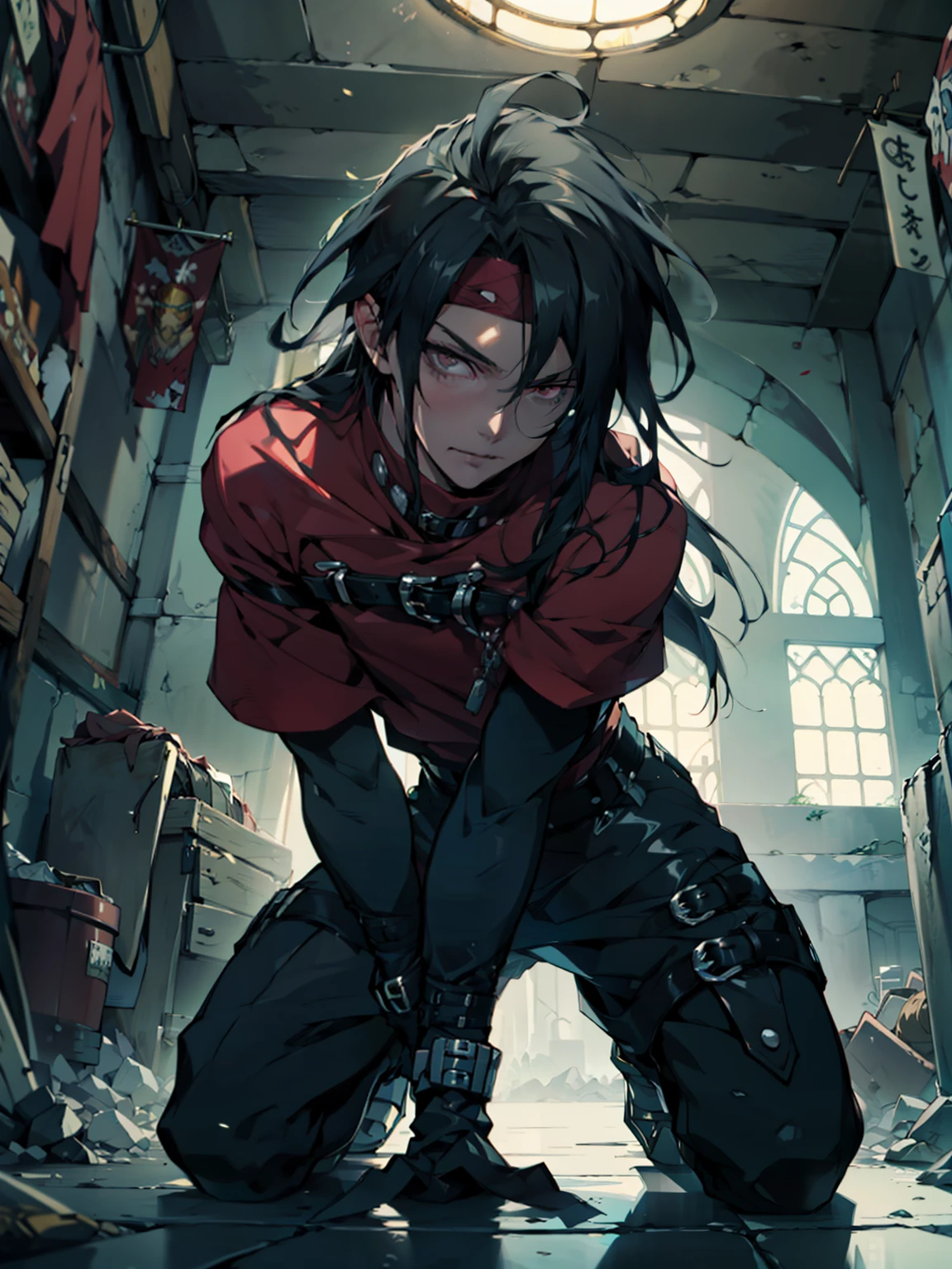 (absurdos, Altas Resoluciones, Ultra detallado, HDR), Obra maestra, La mejor calidad, final fantasy vii, vincent valentine, 1hombre solamente, guapo, pelo largo, cabello negro, Ojos rojos vibrantes, ojos finos y cara detalladas, Armadura, ((Arma intrincada)), Sentado en el trono, piernas abiertas, sonrisa afectada, molesto. Final Fantasy, abs, badass pose, Chico de anime en una cama con las manos en la cabeza, Hermosa pose de anime, Anime hombre guapo, Personaje masculino de anime, Badass Anime 8K, Arte detallado del personaje de anime, Concepto de anime HDR Anime MacManus, Chico anime, Ikuto Yamashita, Anime CG arte suave, Fondo de pantalla de manga 4 k, inspirado por Yamagata Hiro, Wallaper de anime