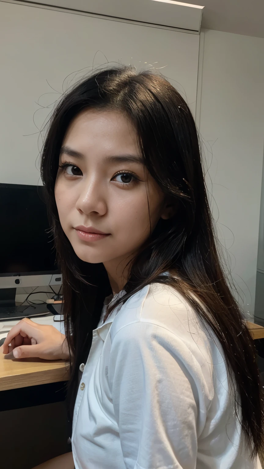 30 years old hong kong woman working on desk, plain shirt, black long hair, hyper realistic, closeup selfie, morning