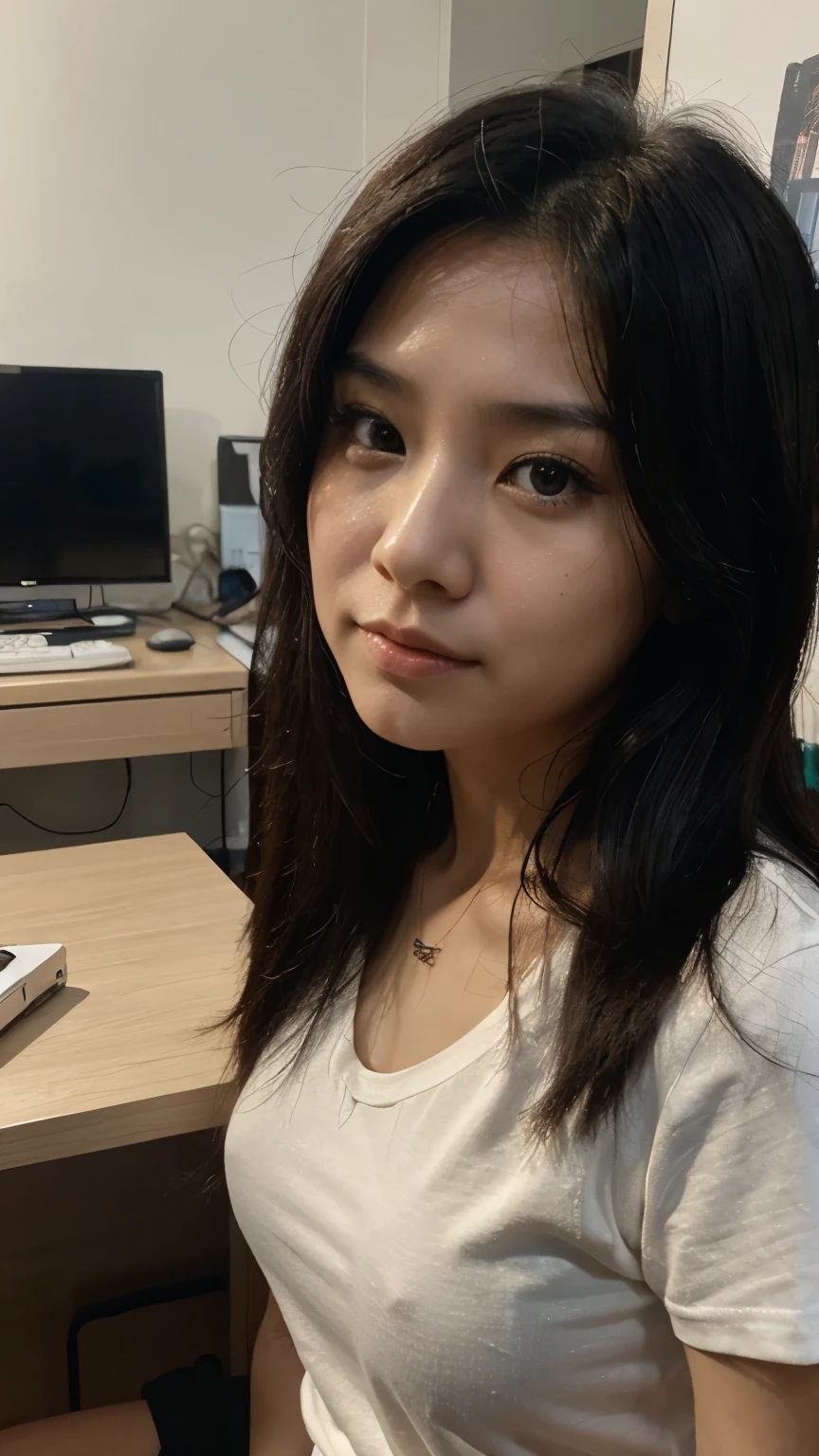 30 years old hong kong woman working on desk, plain shirt, black long hair, hyper realistic, closeup selfie, morning