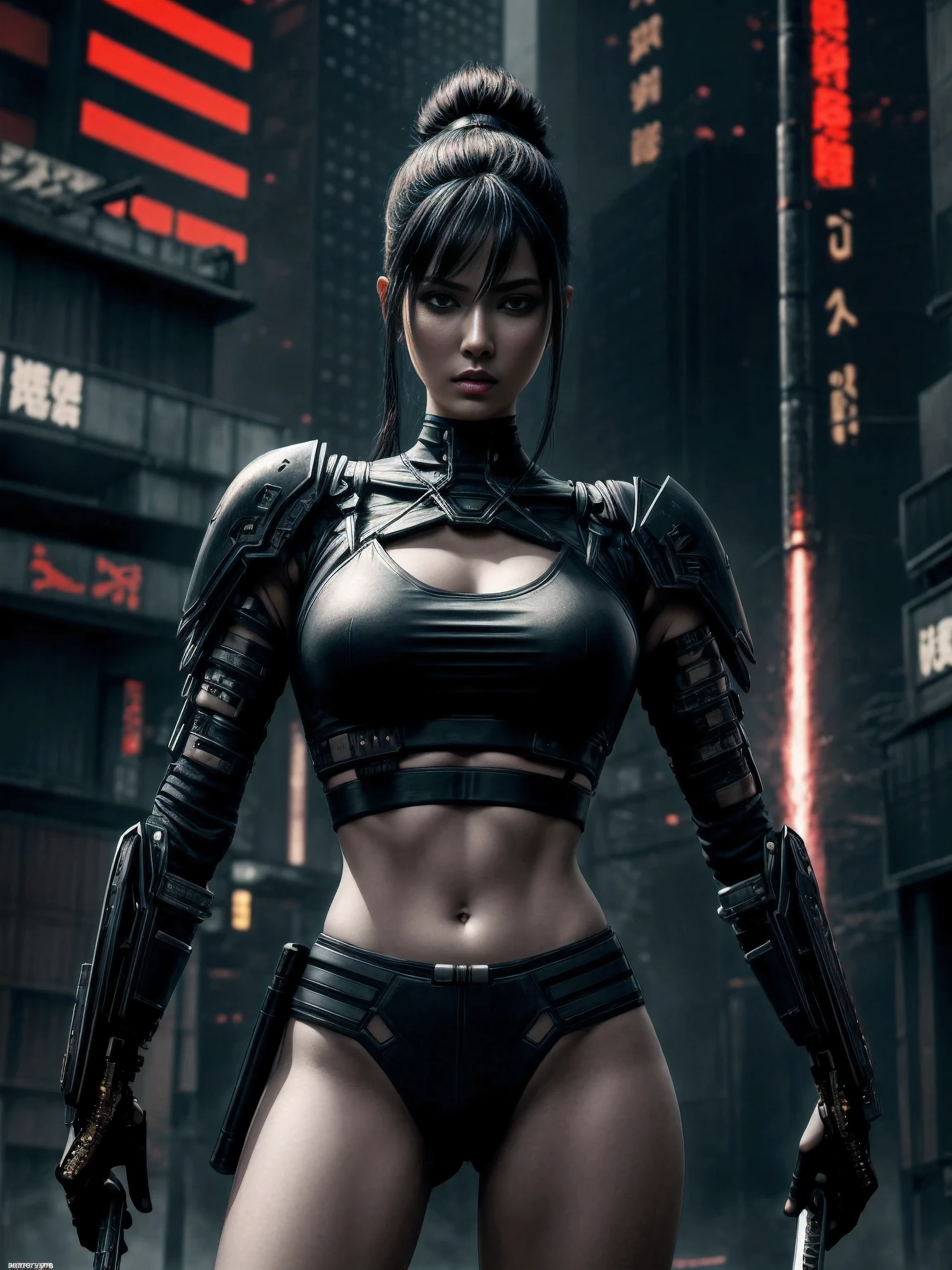 a futuristic female warrior holding a katana, (finely detailed skin), pale skin, (in a deep neckline highly detailed sexy futuristic cyberpunk black crop top and underpants made of circuit boards, japanese words with a flare effect, beautiful epic composition, futuristic, masterpiece, appealing, posing for a photo
