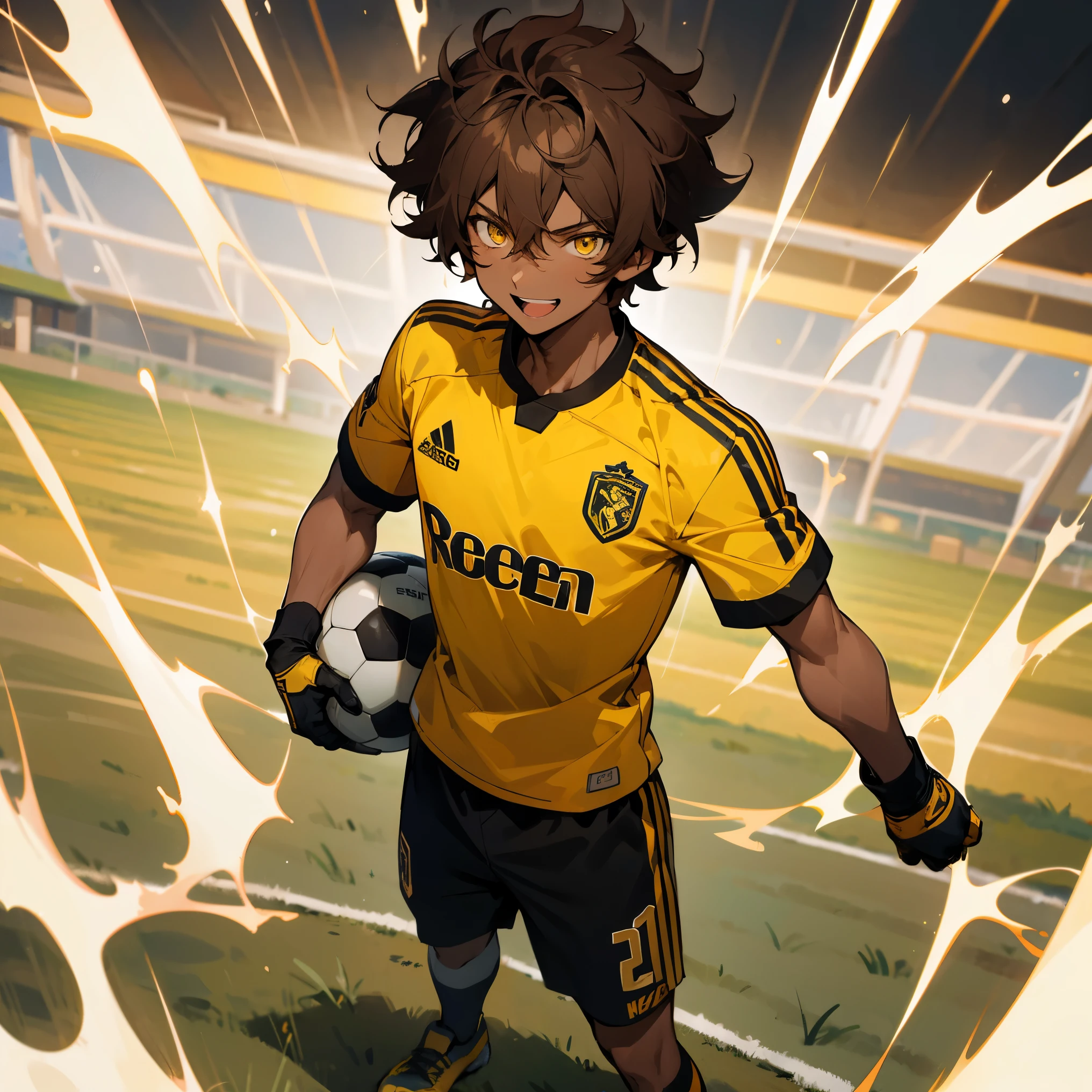 1male , Messy Hair , Brown Hair , Young male , Soccer Jersey , Short Sleeves , Yellow Eyes , Muscular, Standing on soccer field , Soccer Gloves , Happy Expression , Dark Skin
