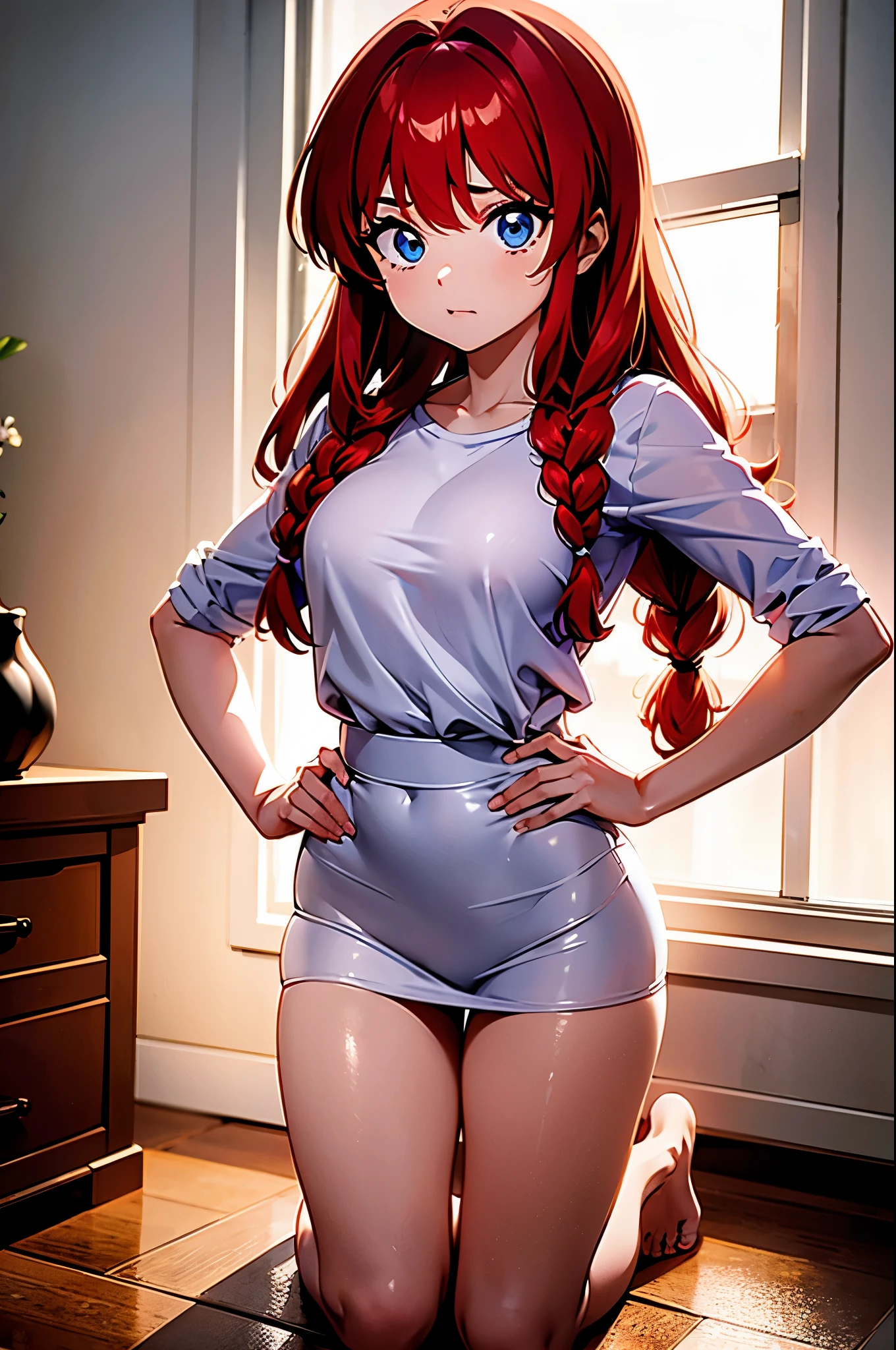 Camisa CirGarota anime ruiva vestindo blusa rosa, garota *******, jovem, corpo perfeito,corpo com volume regular, pele clara, seios grandes aredondados, red hair with braid, beautiful lighting, olhos azuis, pernas bonitas, garota agachada, girl kneeling on the floor, hands on hip, hands on her waist, hair with a braid, estilo anime, Ranma Chan, Autora Rumiko Takahashi, Baseado em obra de Rumiko Takahashi, Anime ranma 1/2, seios grandes e redondos, decote sexy, belo quadril robusto, seios bonitos, seios Protuberantes, corpo inteiro, corpo completo, seios lindos, garota agachada, girl kneeling on the floor, hands on hip, hands on her waist, , opai