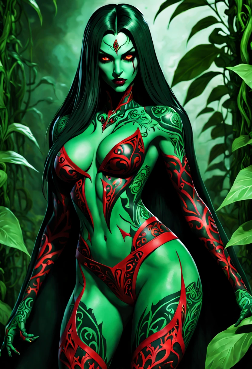 A menacing alluring vamp female fantasy character with green skin and intricate, glowing blackand red patterns on her body. She exhibits features such as the coloration and patterns on her skin. Her eyes are green color. She has ultra long sleek hair. She is walking in void plants,digital comic style, she is wearing a red outfit