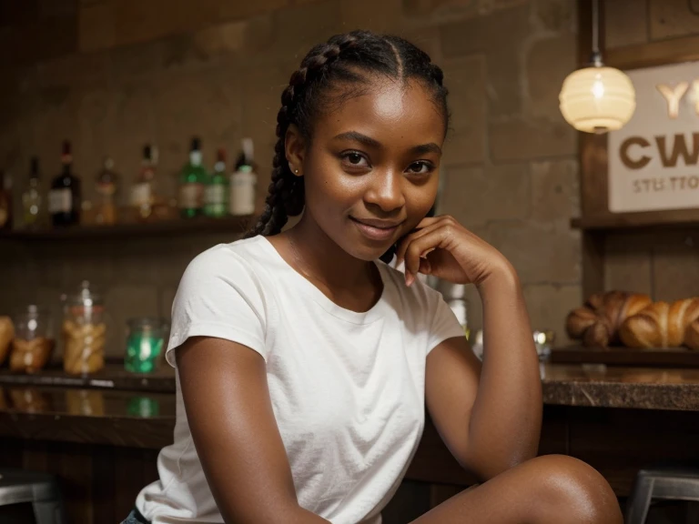 Young African girl, dark complexion, combed hair, gorgeous, braided hair, wearing a pink t-shirt, broad smile, sitting in a bar, handmade decoration, play of lights, one croissant and one half croissant, Green background, ray tracing,| cinematic shot photographed with DSLR, 50mm lens, shutter speed 1/100 sec, ISO 150| super detailed, hyper photorealistic