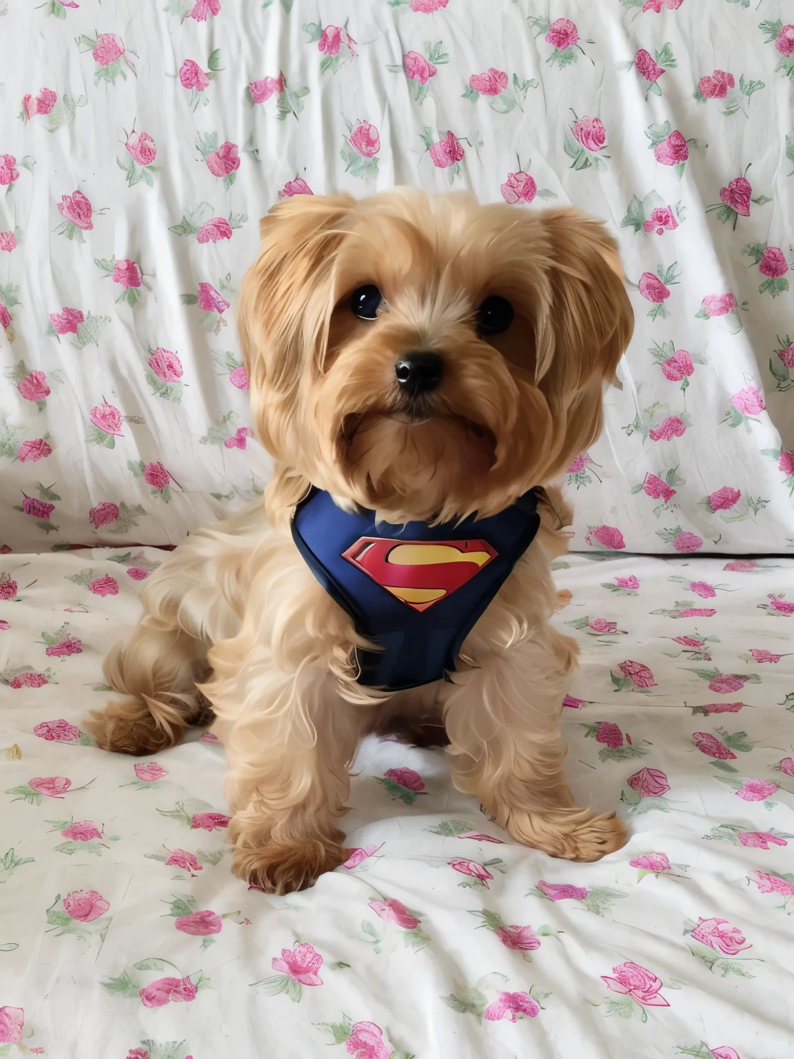 there is a little Yorkshire Terrier puppy sitting , posing like a Super heroi, supermodelo, Super homen, vestindo fantasia de super man, Super hero, super cute and friendly, peludo fofo precisa de sua ajuda, Super heroi, Yorkshire Terrier, bela, , supermodelo, super adorable