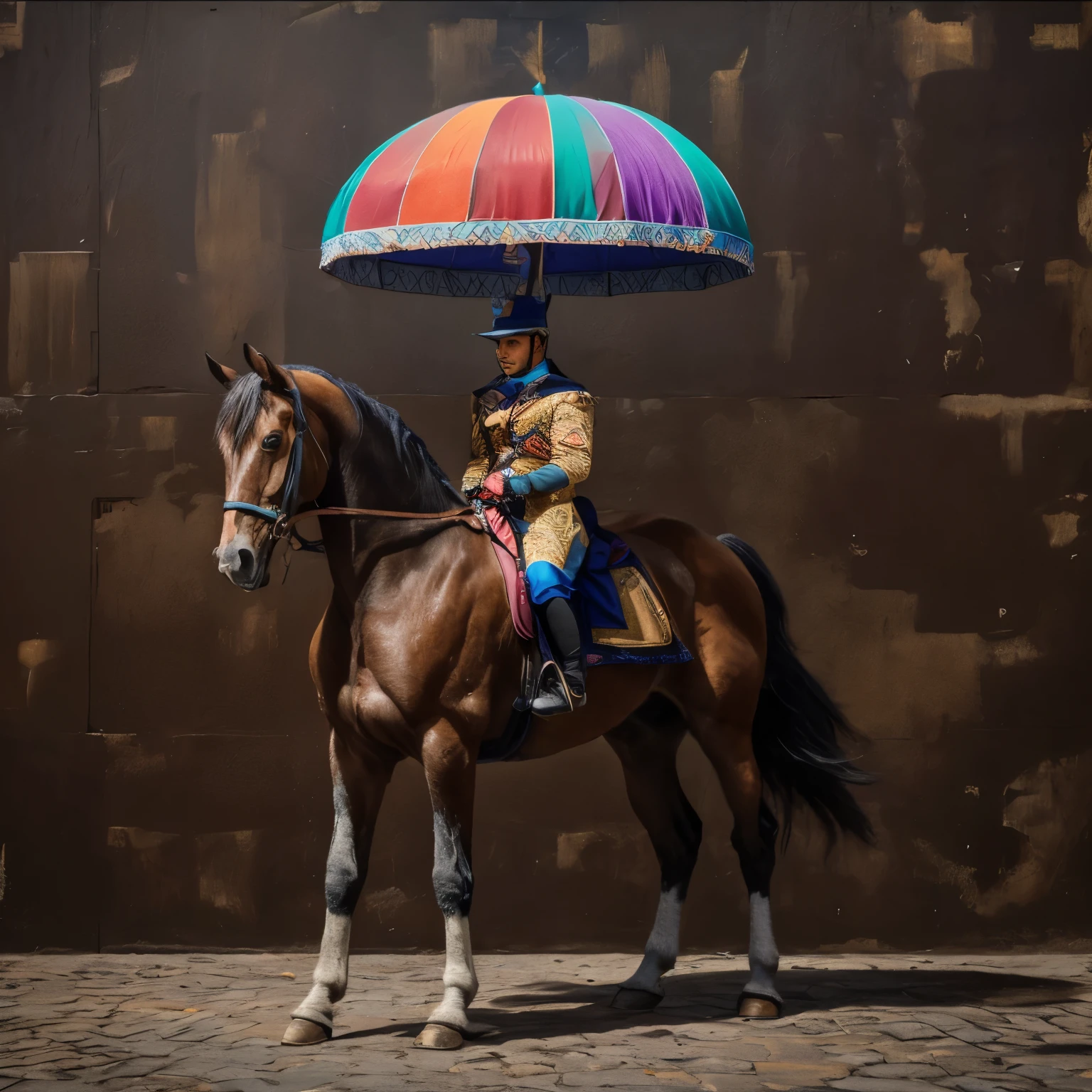 Arlequin a caballo, colorido con paraguas de colores y gorro de tres puntas? Estilo hiperrealista, 8k, piso verde botella, fondo rojo, cajas realistas , iluminacion profecional