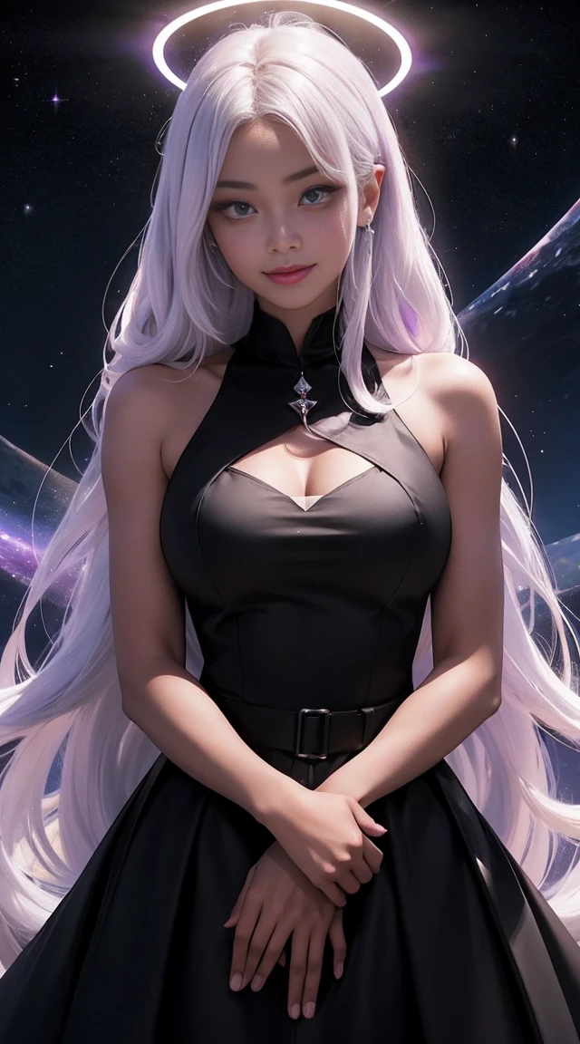A black woman with a skin black as oil, made from the mantle of the universe, Her white unicorn hair is long, had eyes purple and Similar To the Gojo, a halo of light on her head, and wars a fluttering dress as universe picture. She has the smile most beautiful. Best quality of Masterpiece in 16k