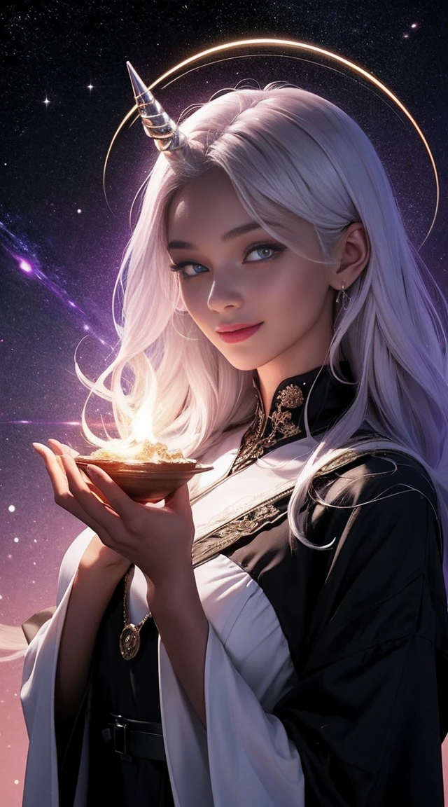 A black woman with a skin black as oil, made from the mantle of the universe, Her white unicorn hair is long, had eyes purple and Similar To the Gojo, a halo of light on her head, and wars a fluttering dress as universe picture. She has the smile most beautiful. Best quality of Masterpiece in 16k