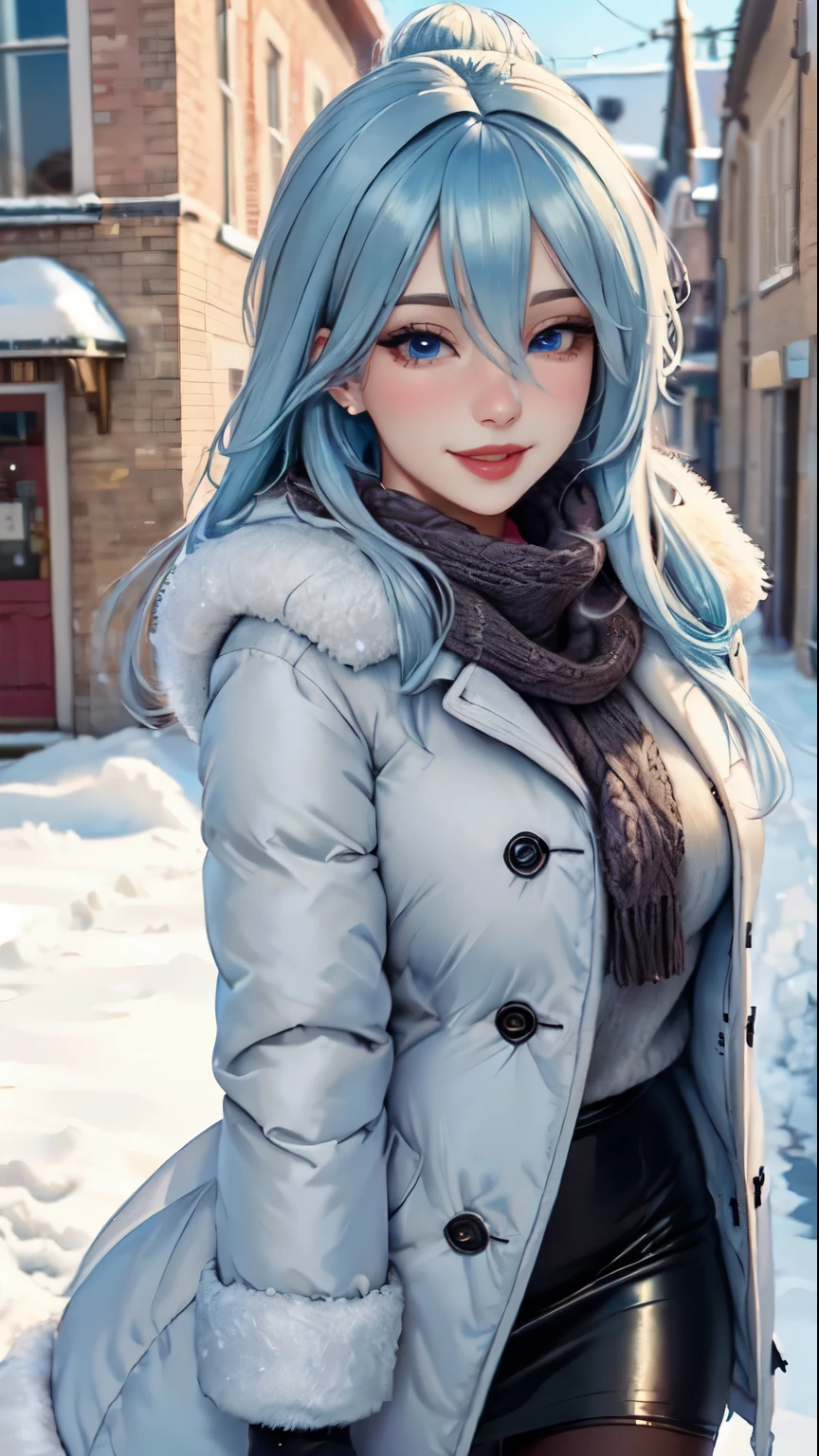 Masterpiece, raw,  beautiful art, professional artist, 8k, art style by sciamano240, very detailed face, very detailed hair, 1 woman, perfectly drawn body, beautiful face, long hair, light blue hair , very detailed blue eyes , rosey cheeks, intricate details in eyes, playful smile, looking directly at viewer , in love with viewer expression, lipstick, wearing cute winter clothes, winter coat, gloves, sweater, scarf,  short pencil skirt, thigh boots, pantyhose ,sunny winter day, walking, pov with viewer, very close up on face, 