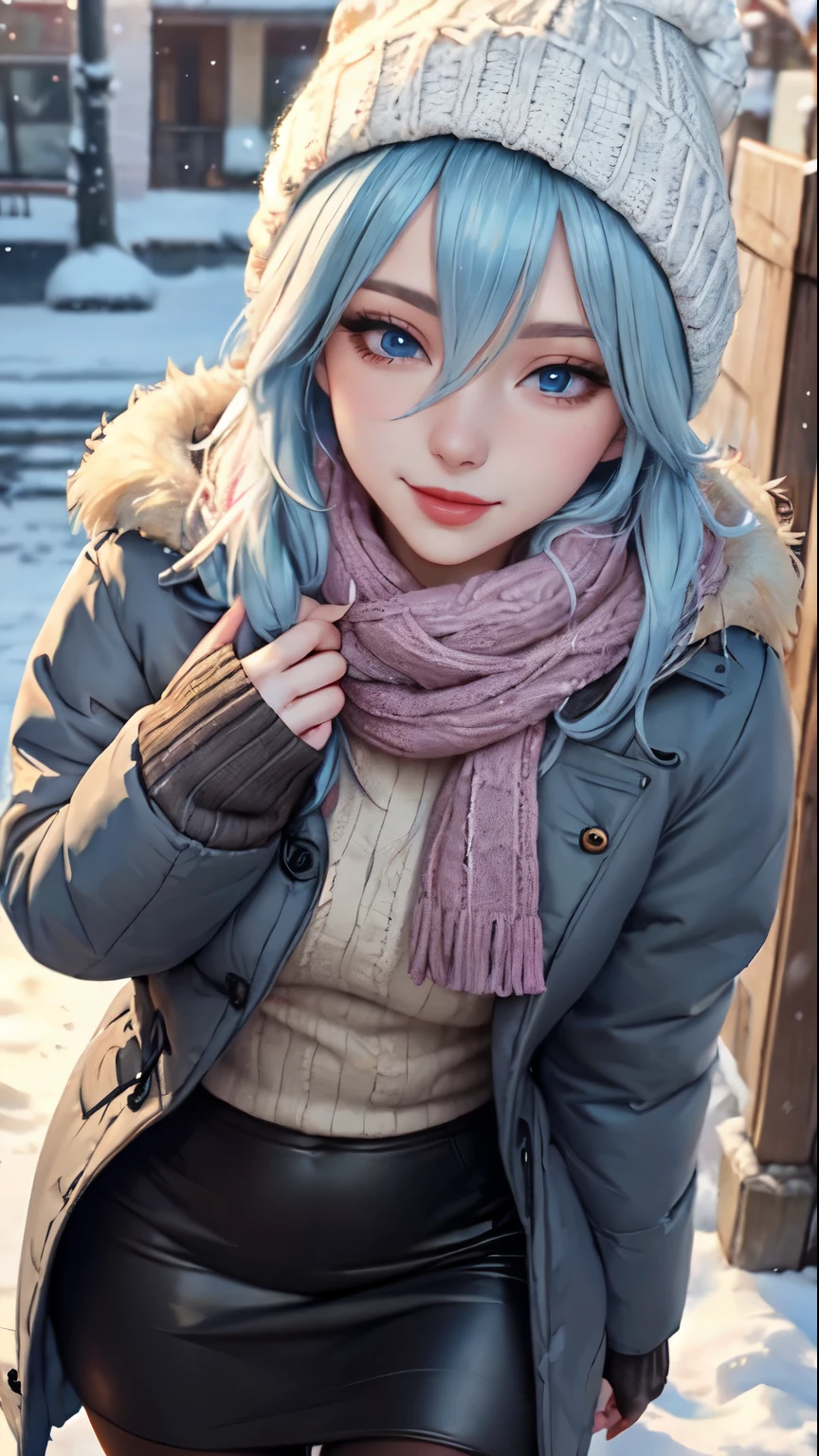 Masterpiece, raw, beautiful art, professional artist, 8k, art style by sciamano240, very detailed face, very detailed hair, 1 woman, perfectly drawn body, beautiful face, long hair, light blue hair , very detailed blue eyes , rosey cheeks, intricate details in eyes, playful smile, looking directly at viewer , in love with viewer expression, lipstick, wearing cute winter clothes, winter coat, gloves, sweater, scarf, short pencil skirt, thigh boots, pantyhose ,sunny winter day, walking, pov with viewer, very close up on face,