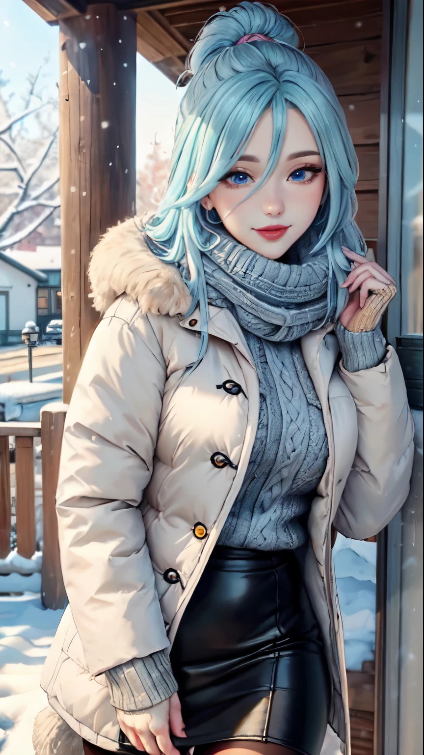 Masterpiece, raw, beautiful art, professional artist, 8k, art style by sciamano240, very detailed face, very detailed hair, 1 woman, perfectly drawn body, beautiful face, long hair, light blue hair , very detailed blue eyes , rosey cheeks, intricate details in eyes, playful smile, looking directly at viewer , in love with viewer expression, lipstick, wearing cute winter clothes, winter coat, gloves, sweater, scarf, short pencil skirt, thigh boots, pantyhose ,sunny winter day, walking, pov with viewer, very close up on face,