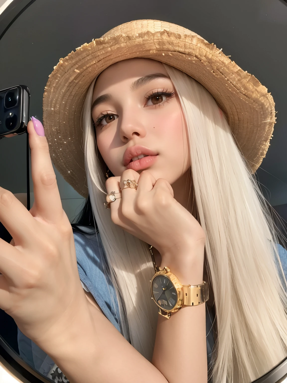black haired woman with hat and watch taking a selfie, ava max, cerveza madison, 18 years, cara como Selena Gomez, modelo de instagram, cerveza madison girl portrait, angie glock, foto de perfil, bella poarch, how much, Sosteniendo un reloj de oro, art album, con sombrero, 16 years old, chica perfecta de pelo oscuro