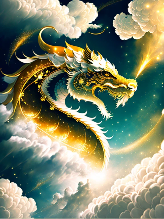 A golden dragon god, gentle gaze, fantastic background, moonlight background, sea of ​​clouds background, golden splashes, mysterious, divine light, mythical creature, traditional Chinese dragon, myth, speckled light, hazy haze, mysterious aura, masterpiece, fantastic, elegant dragon, good fortune, fantasy art