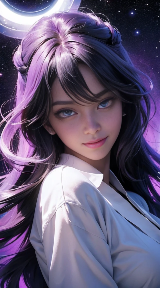 A black woman with a skin black as oil, made from universe material stars, white unicorn hair is long, had eyes purple and Similar To the Gojo, a halo of light on her head. She has the smile most beautiful. Best quality of Masterpiece in 16k. Skin black, black girl