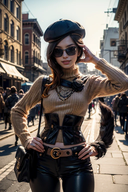 (masterpiece,stunning girlfriend, (standing:1.1), dynamic pose, heart shaped face, elegant face, beautiful face, highly detailed face, highly detailed skin, skin pores, subsurface scattering, realistic pupils, loving smile, looking at viewer, full face blush, full lips, detailed background, depth of field, atmospheric perspective, volumetric lighting, sharp focus, absurdres, realistic proportions, good anatomy, (realistic, hyperrealistic:1.4), 16k hdr, (masterpiece, best quality:1.2), cowboy shot, solo, 1girl, coco adel, grin, looking at viewer, hand on hip, beret, sunglasses, orange sweater, corset, black gloves, pants, jewelry, belt, bandolier standing in palace, crowds