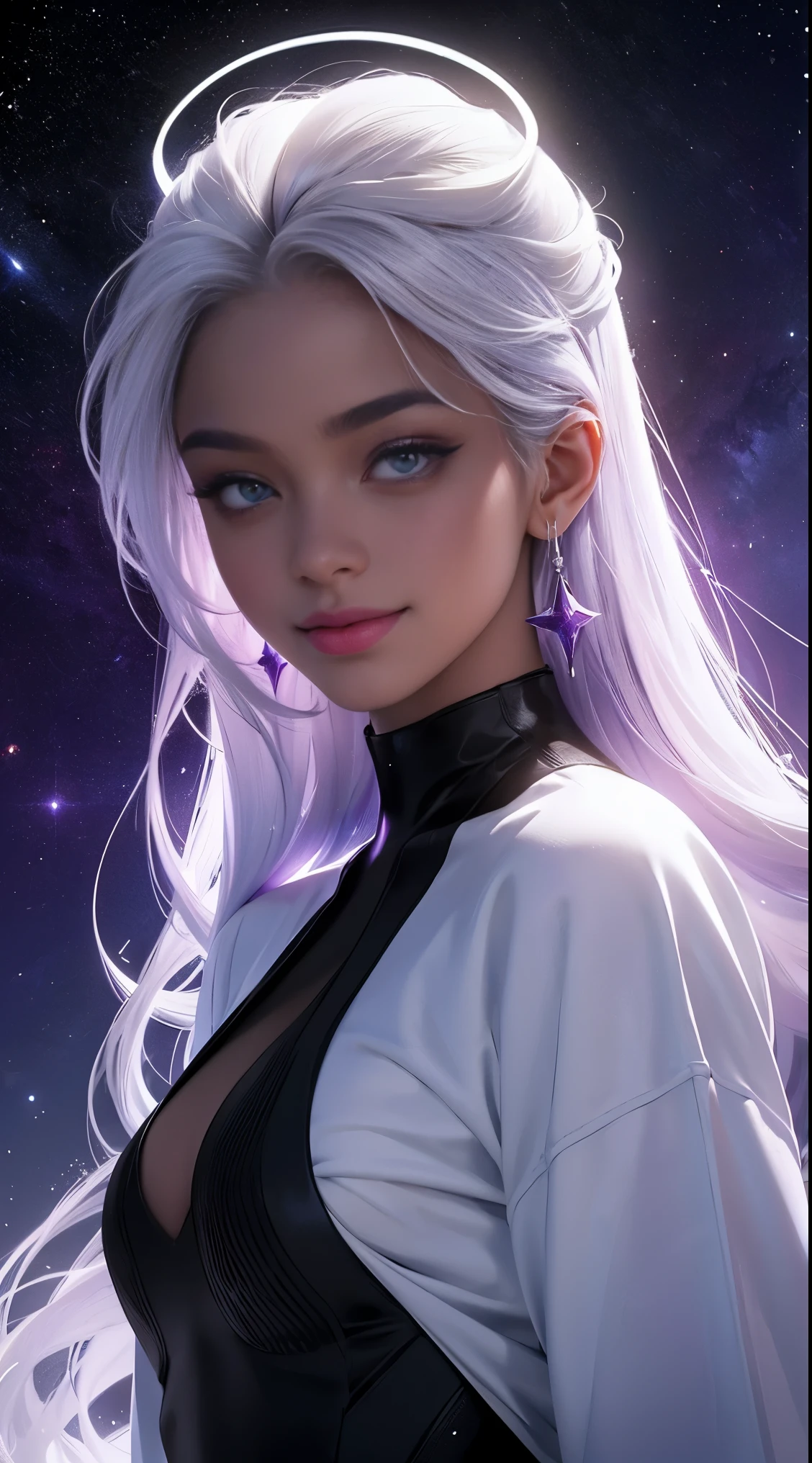 A black woman with a skin black as oil, made from universe material stars, white unicorn hair is long, had eyes purple and Similar To the Gojo, a halo of light on her head. She has the smile most beautiful. Best quality of Masterpiece in 16k