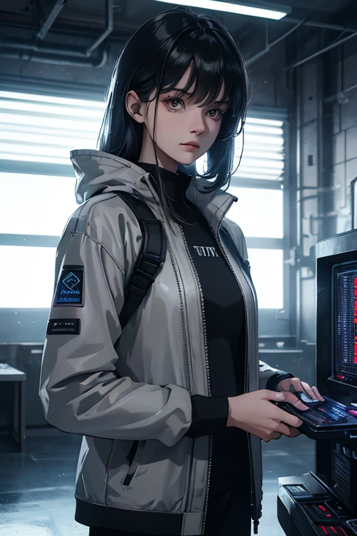 (best quality, 8K, realistic:1.2), ultra-detailed, dramatic lighting, digital art illustration, inside a shelter, (cool-toned, dim lighting), -yeld gi holding a futuristic sci-fi computer, wearing a gray jacket, bangs, long black hair, beautiful detailed face, a dystopian future, futuristic.