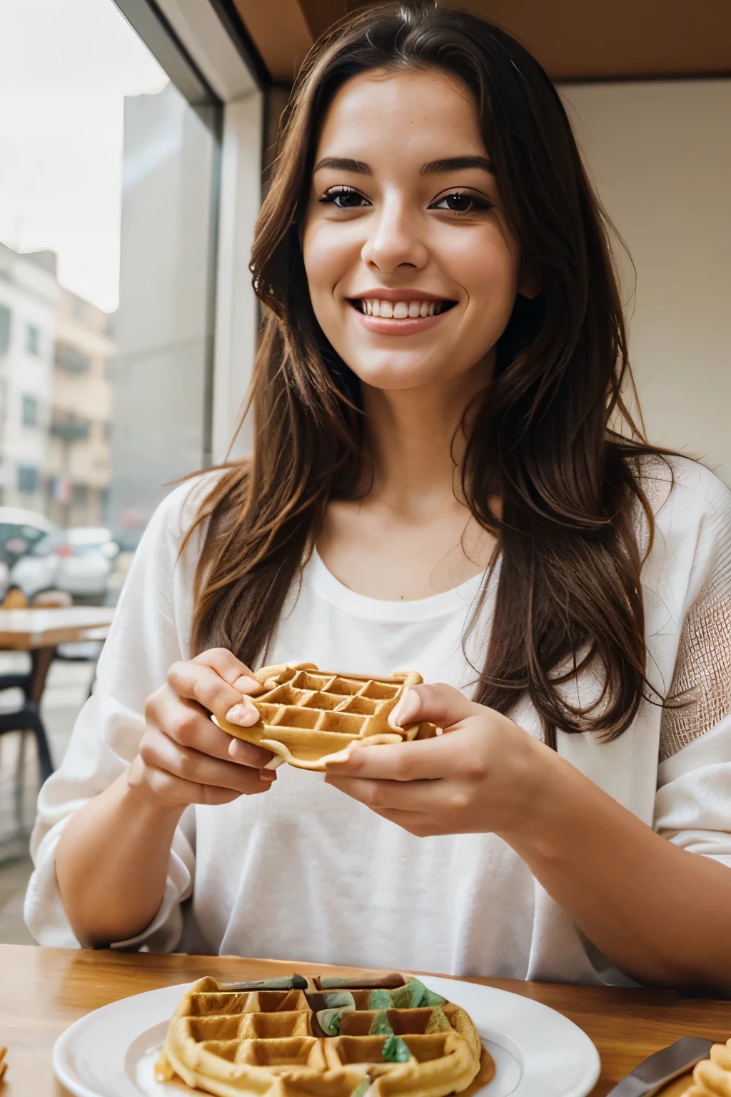 a happy woman eating waffles