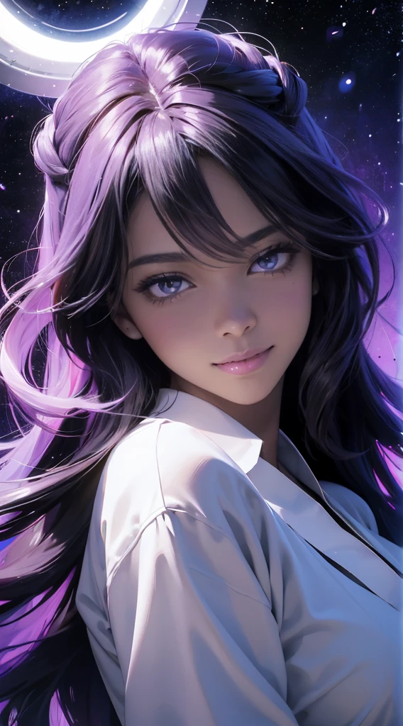 A black woman with a skin black as oil, made from universe material stars, white unicorn hair is long, had eyes purple and Similar To the Gojo, a halo of light on her head. She has the smile most beautiful. Best quality of Masterpiece in 16k. Skin black, black girl