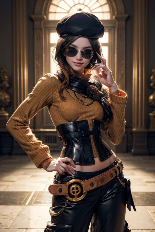 (masterpiece,stunning girlfriend, (standing:1.1), dynamic pose, heart shaped face, elegant face, beautiful face, highly detailed face, highly detailed skin, skin pores, subsurface scattering, realistic pupils, loving smile, looking at viewer, full face blush, full lips, detailed background, depth of field, atmospheric perspective, volumetric lighting, sharp focus, absurdres, realistic proportions, good anatomy, (realistic, hyperrealistic:1.4), 16k hdr, (masterpiece, best quality:1.2), cowboy shot, solo, 1girl, coco adel, grin, looking at viewer, hand on hip, beret, sunglasses, orange sweater, corset, black gloves, pants, jewelry, belt, bandolier, sunset, standing in palace grounds, crowds