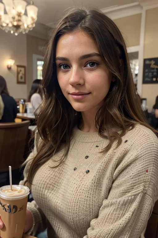 Beautiful brunette with blonde highlights wearing a beige sweater (in a cafe drinking soda), highly detailed, 22 years old, , innocent face, natural wavy hair, blue eyes, high resolution, Intricate high detail, Highly detailed, Sharp focus, Detailed skin, realistic skin texture, texture, detailed eyes, professional, charming smile, shot on Canon, shallow depth of field, Kodak Vision Color, Perfect Fit Body, extremely detailed, photography_\(ultra\), Realistic, Post-processing, maximum details, roughness, real life, ultra realistic, Photorealism, photography, 8k UHD, photography, busty, 85mm, Photorealistic, multiple views, pov, first-person view, Masterpiece, Best quality, 4k